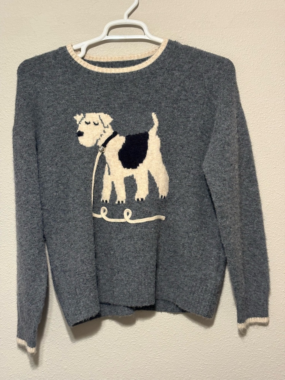 Women’s Grey Crewneck Sweater with Cream Dog Intarsia